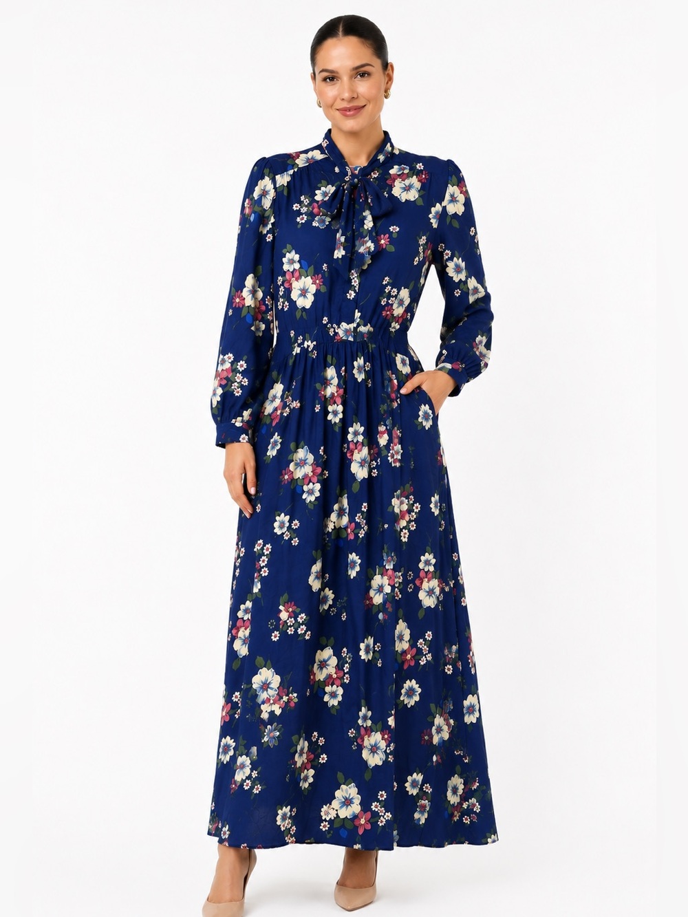 VTG Talbots Blue Floral Long Sleeve Secretary Cottagecore Rayon Maxi Dress 12